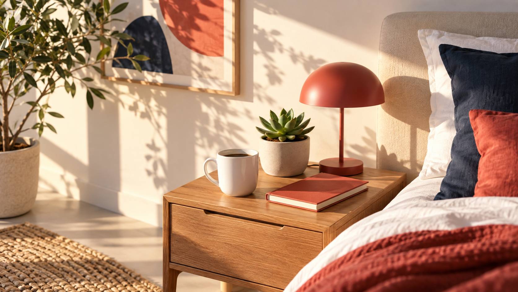 Table de chevet le matin avec tasse de cafe et plante grasse