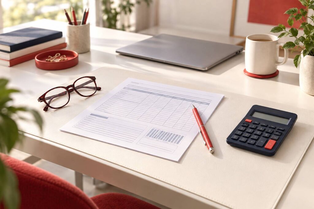 Bureau sobre avec document administratif neutre, calculette et stylo