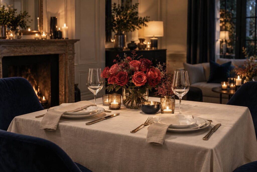 Table dressee pour deux avec roses rouges et bougies