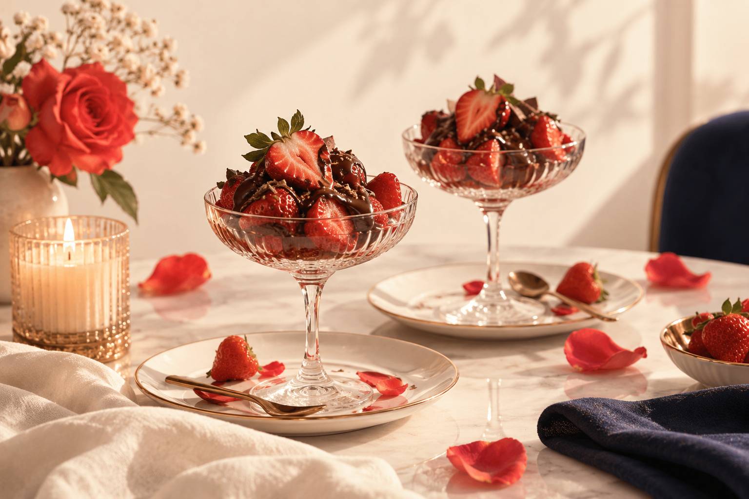 Dessert romantique a deux avec fraises et chocolat fondu