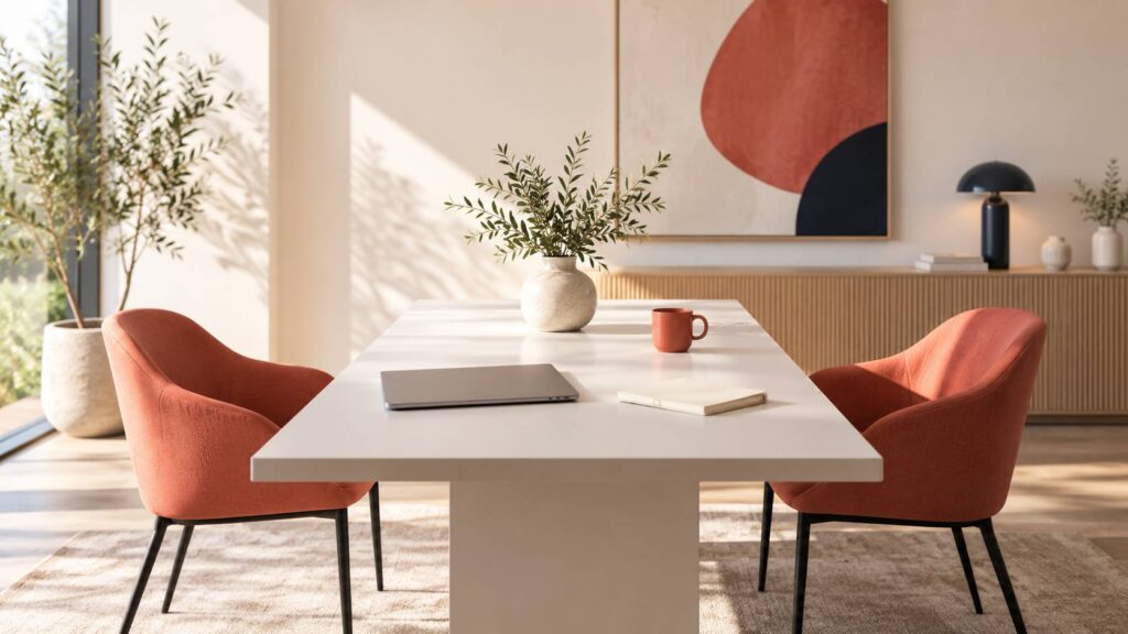 Table de travail avec chaises vides, ordinateur fermé et carnet vierge