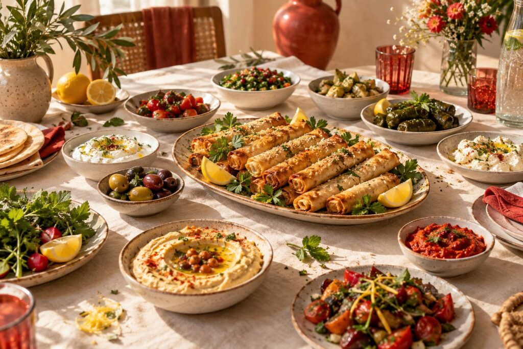 Table conviviale garnie de mezze avec rouleaux croustillants dores et citron