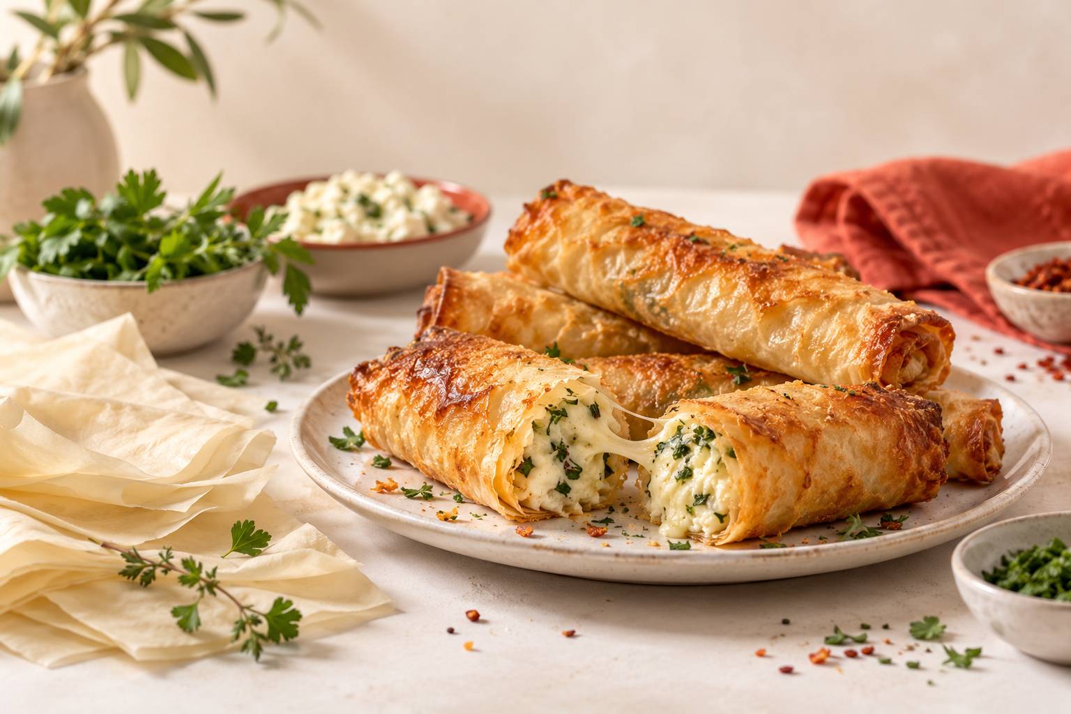 Rouleaux croustillants dores au fromage et aux herbes coupes en deux