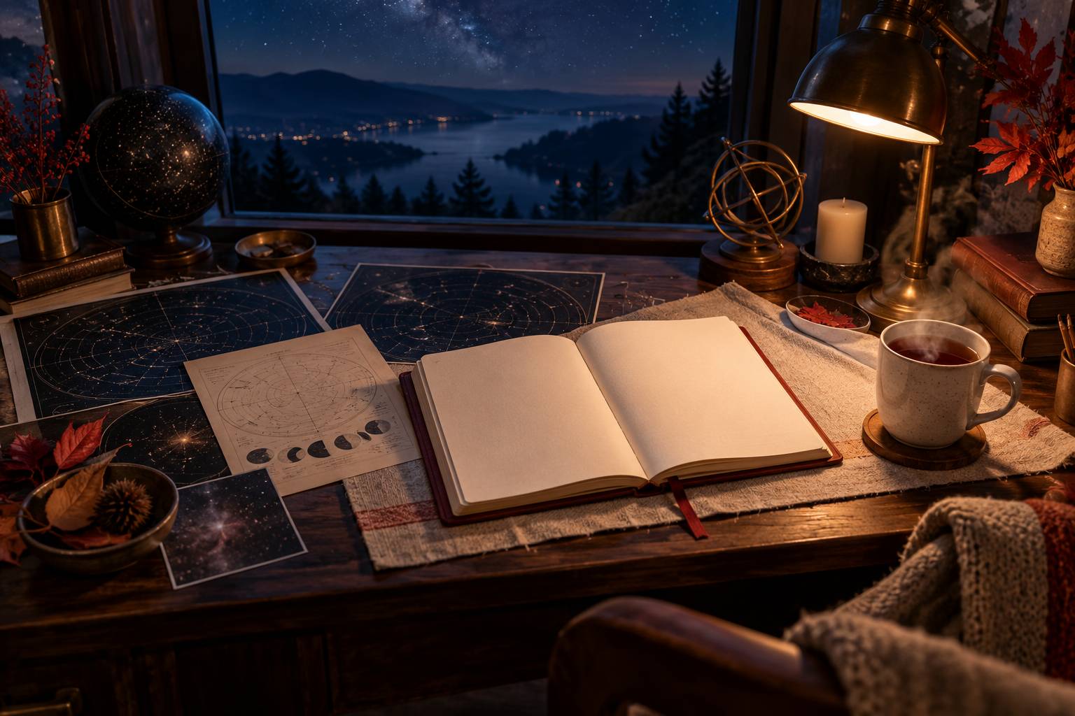 Bureau cosy au crepuscule avec carnet ouvert, cartes du ciel et tasse de the