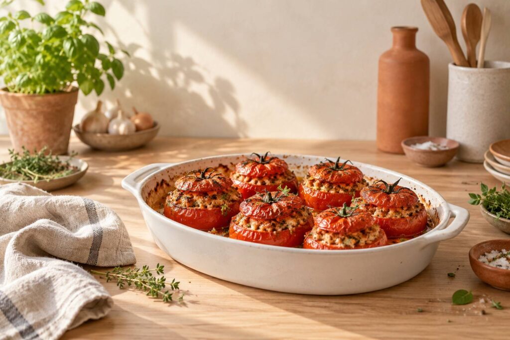 Tomates farcies dorees dans un plat en ceramique au four