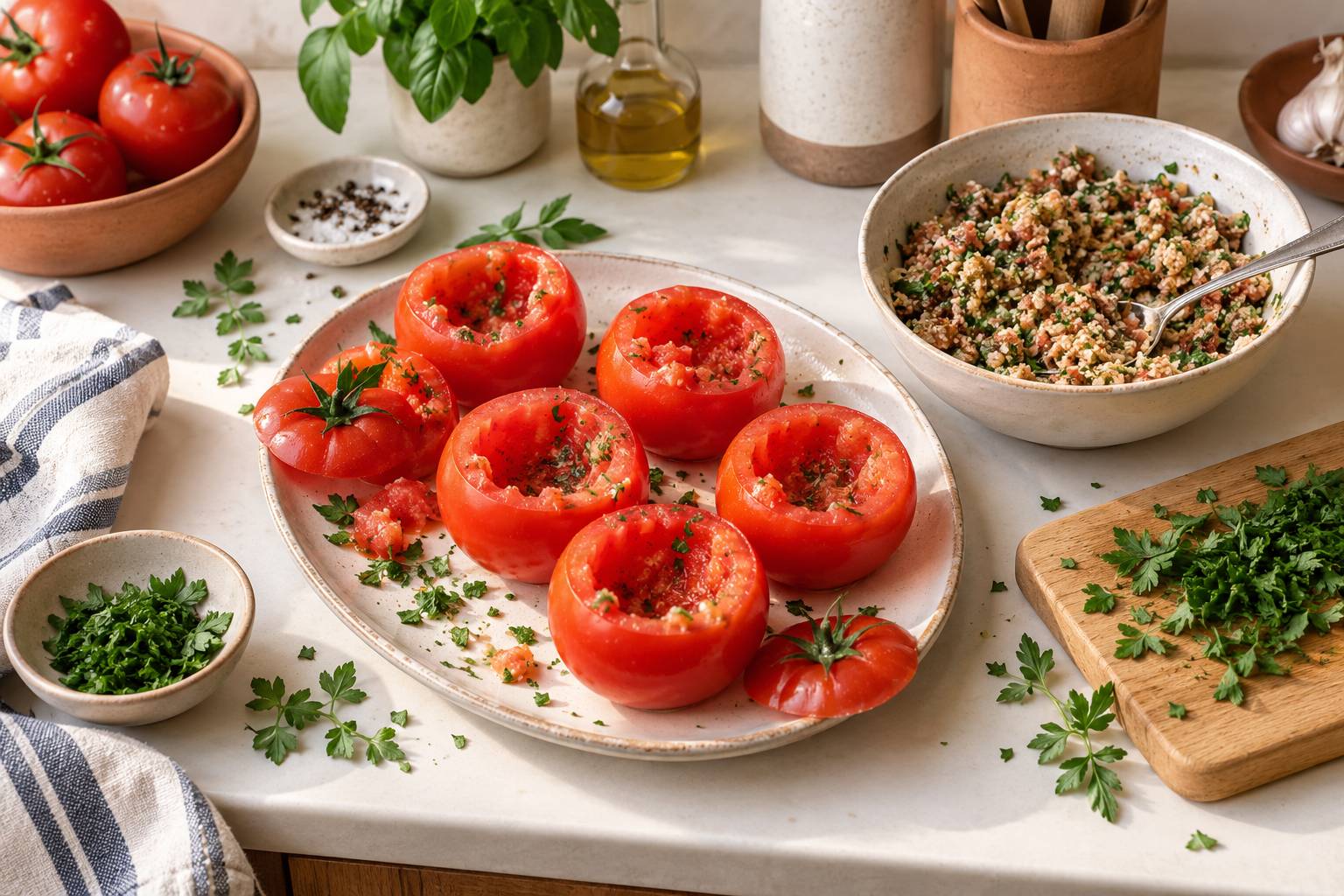 Tomates evidees et bol de farce sur un plan de travail de cuisine